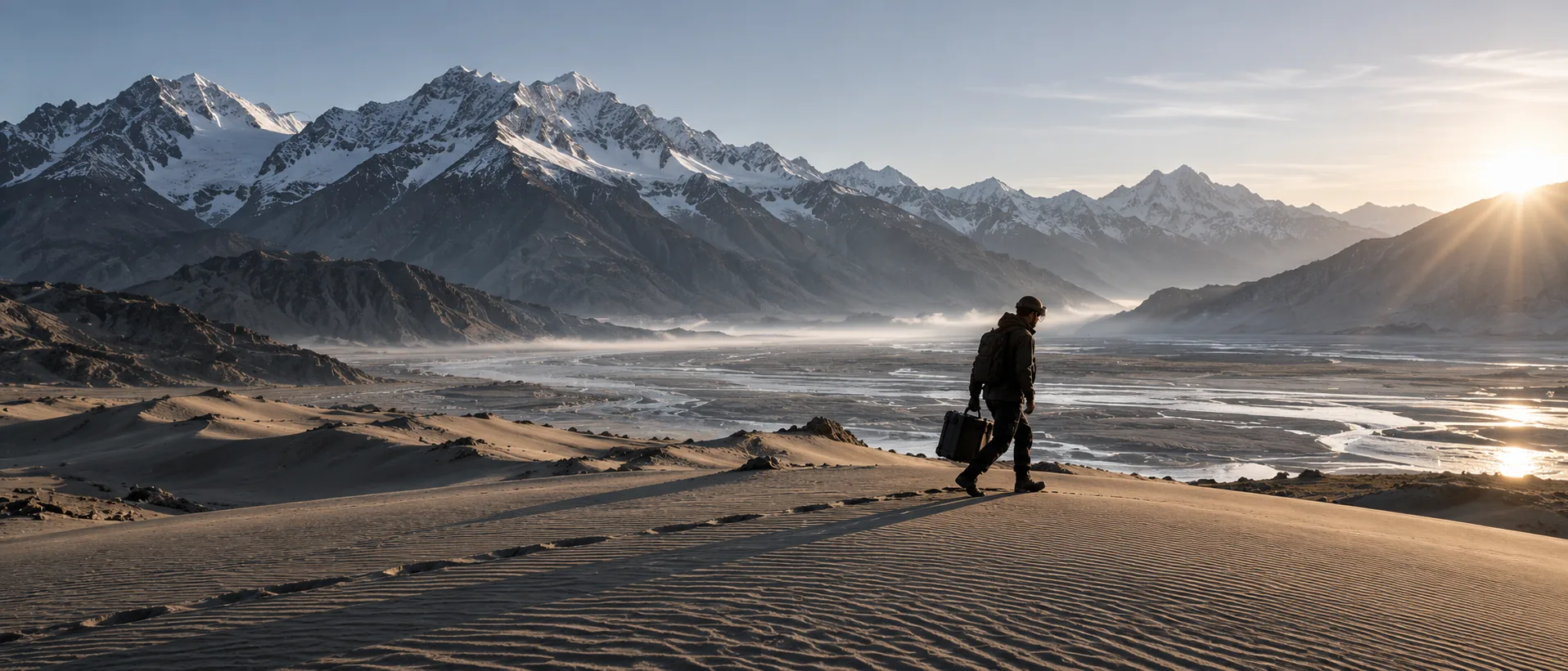 A figure walking across Ladakh dunes with a river and snow peaks behind