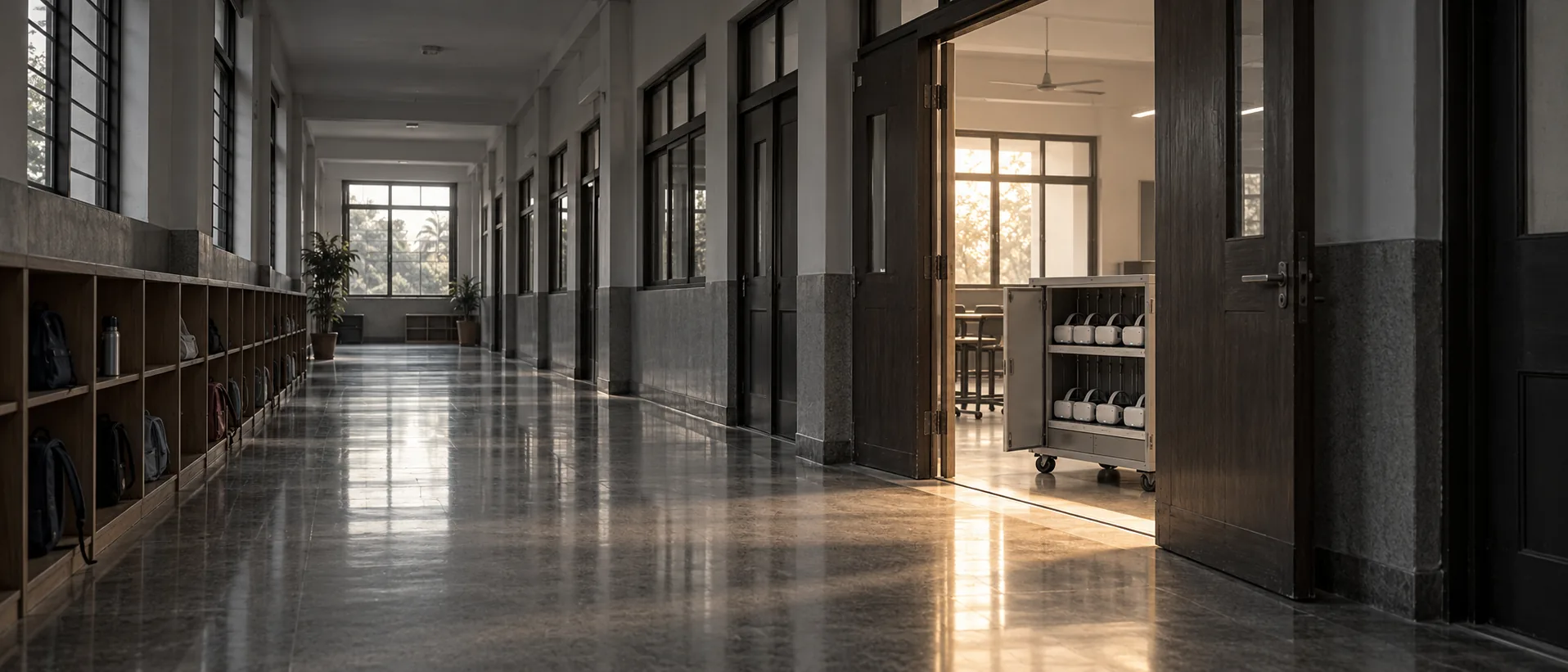 A school corridor at the end of the day with a charging cart of headsets in an open doorway