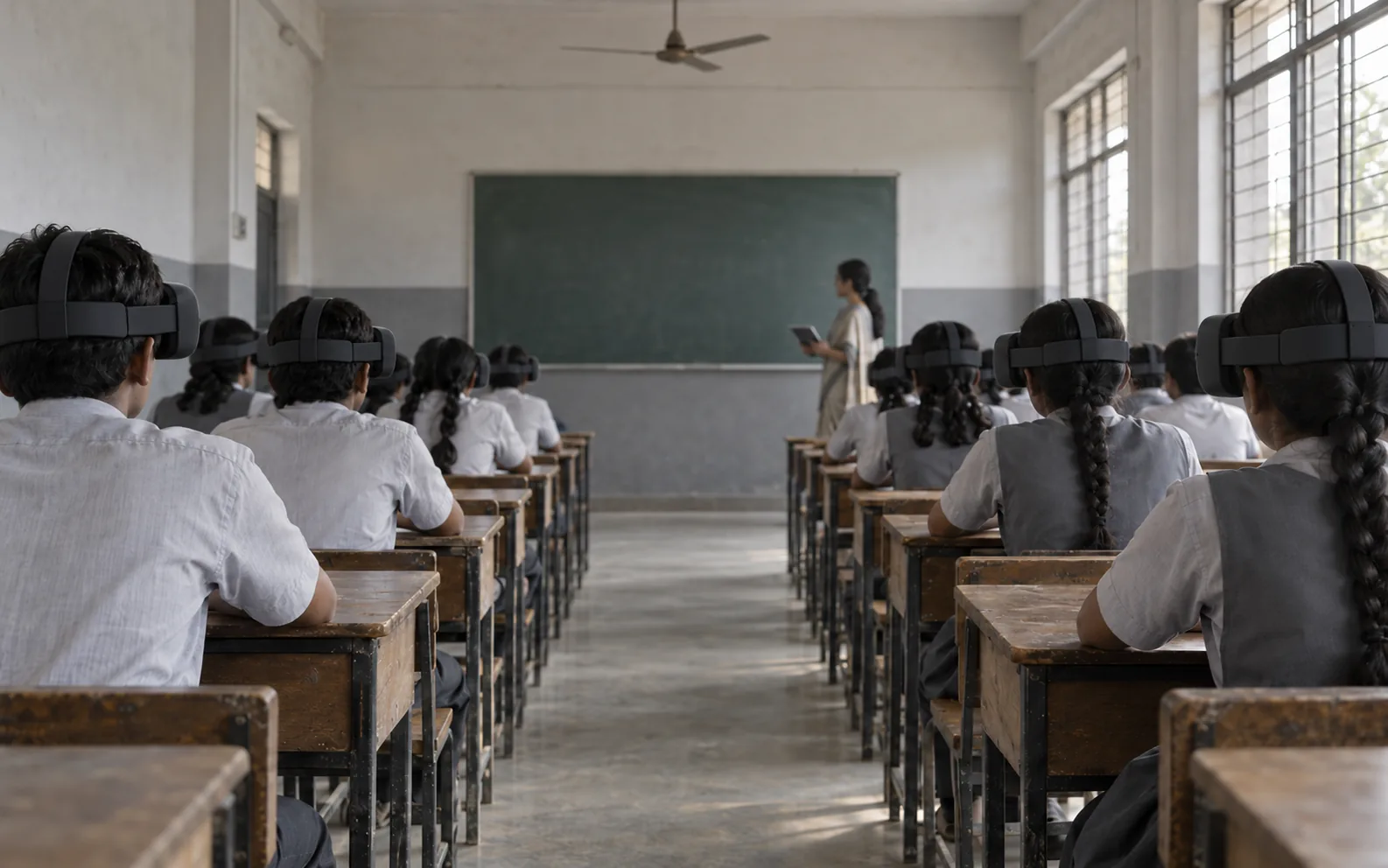 Students in black VR headsets at wooden desks in a bright Indian classroom as a teacher stands at the blackboard