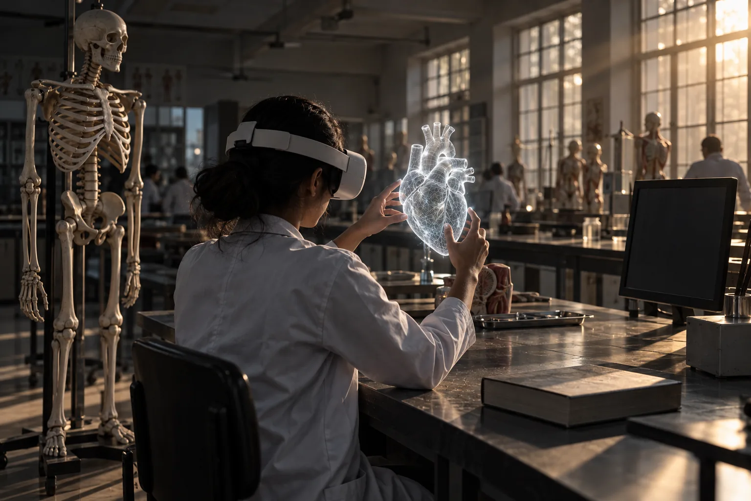A medical student in a headset holding a wireframe heart beside a skeleton in an anatomy lab