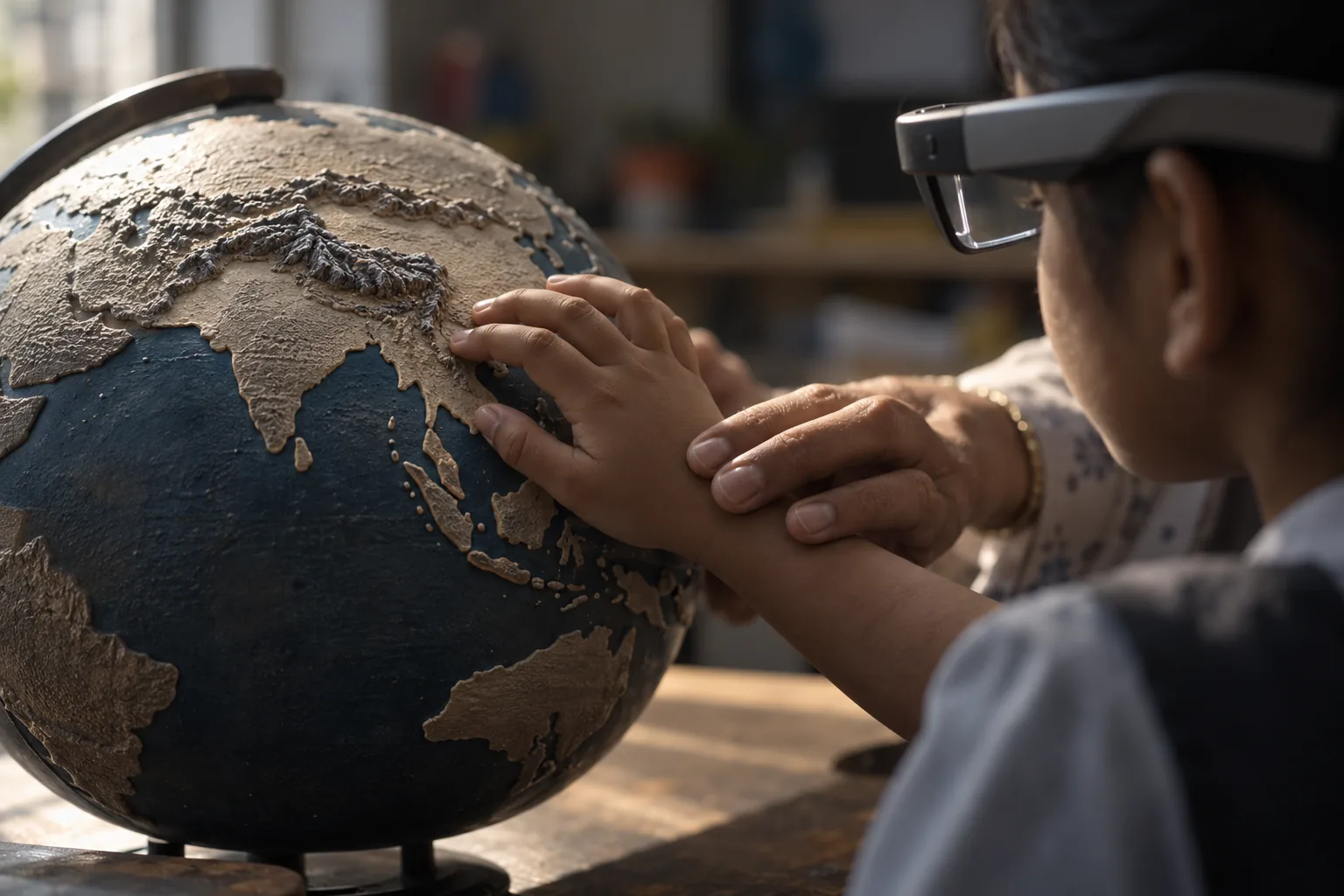 A child's hand on a tactile globe with a teacher's hand guiding it, a pair of smart glasses on the table