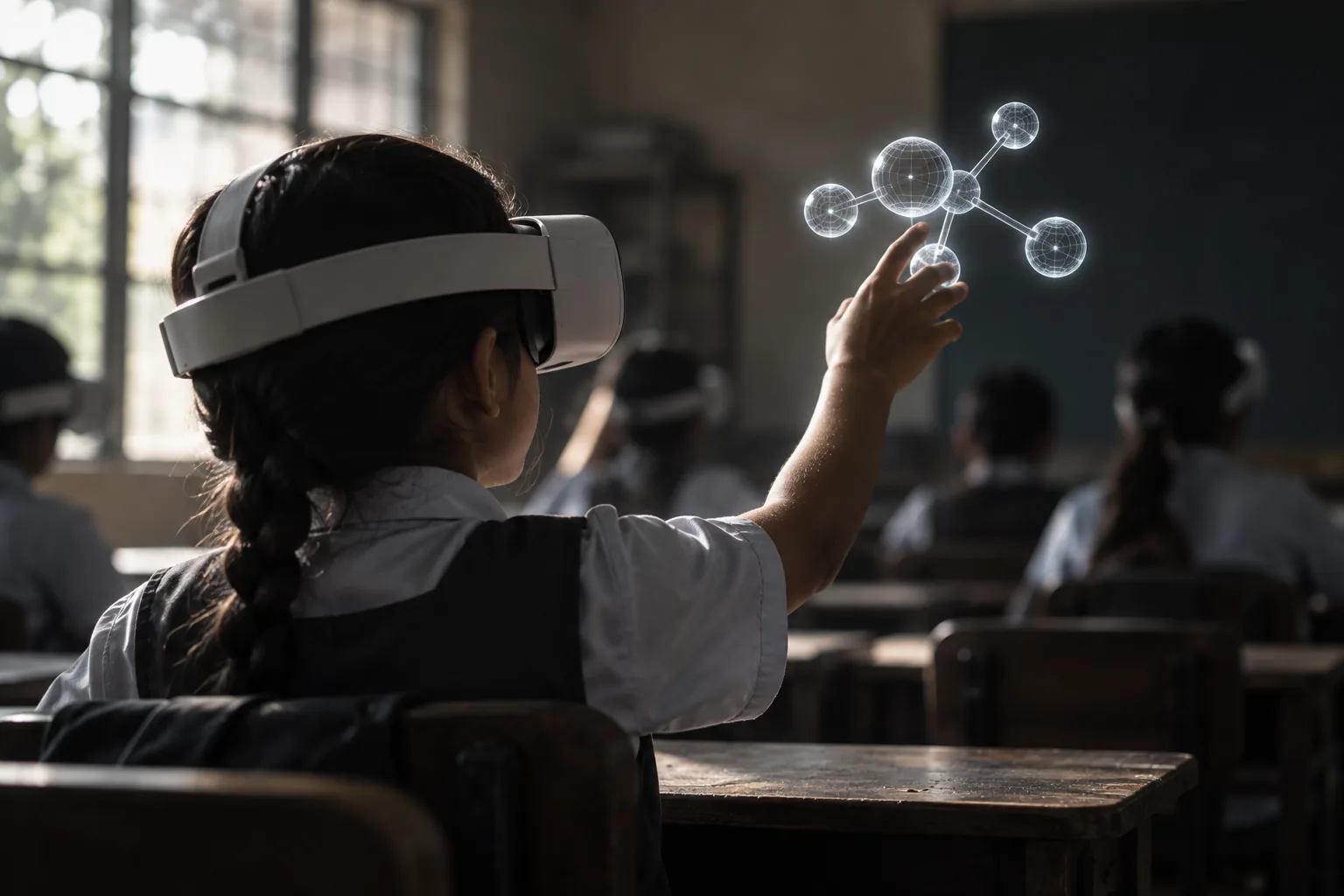 A schoolgirl in a VR headset reaching toward a floating wireframe molecule in a classroom