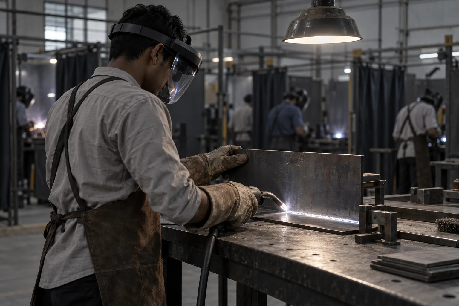 A welding trainee in a headset with a training torch and a glowing seam in a workshop
