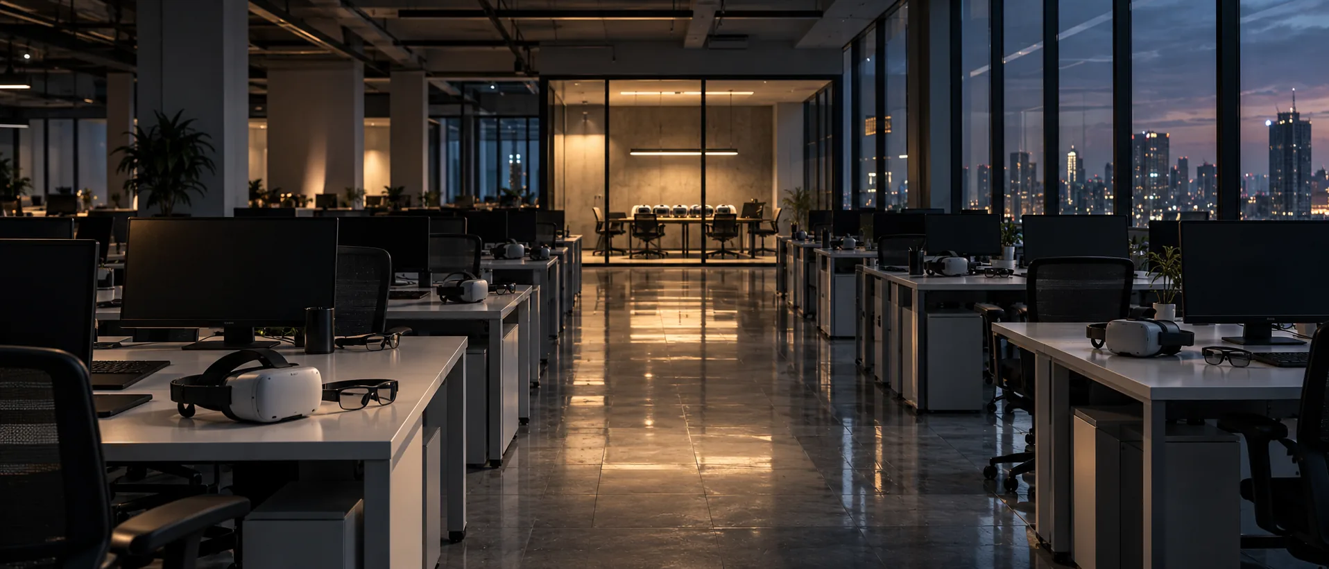 An open-plan office after hours with headsets on desks and one lit meeting pod