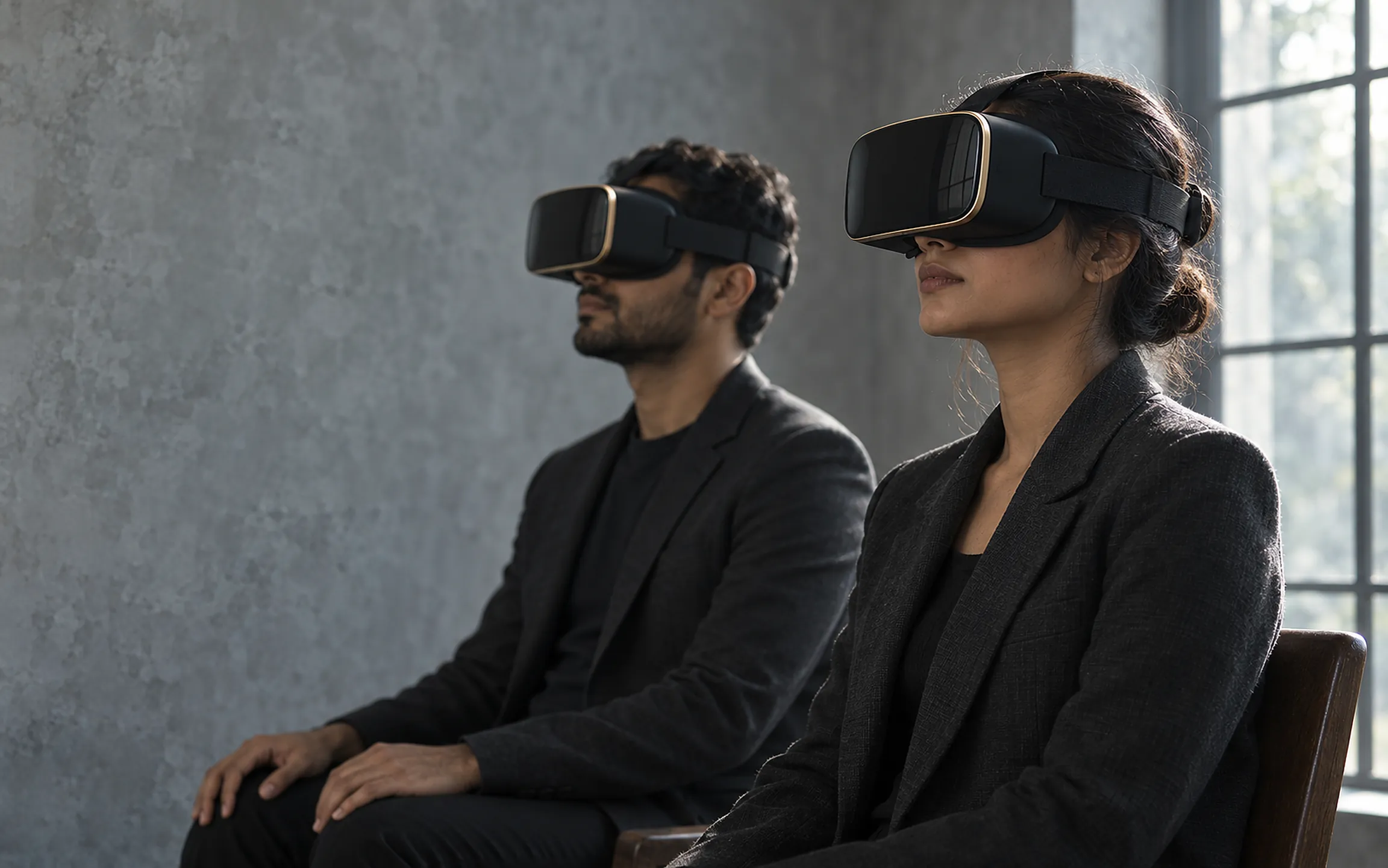 Two professionals seated in VR headsets against a grey plaster wall, with a window to one side