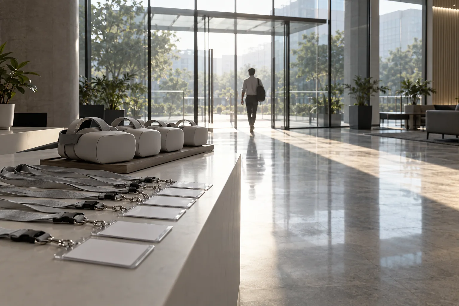 A glass lobby with lanyards and headsets on a desk as a new hire walks in