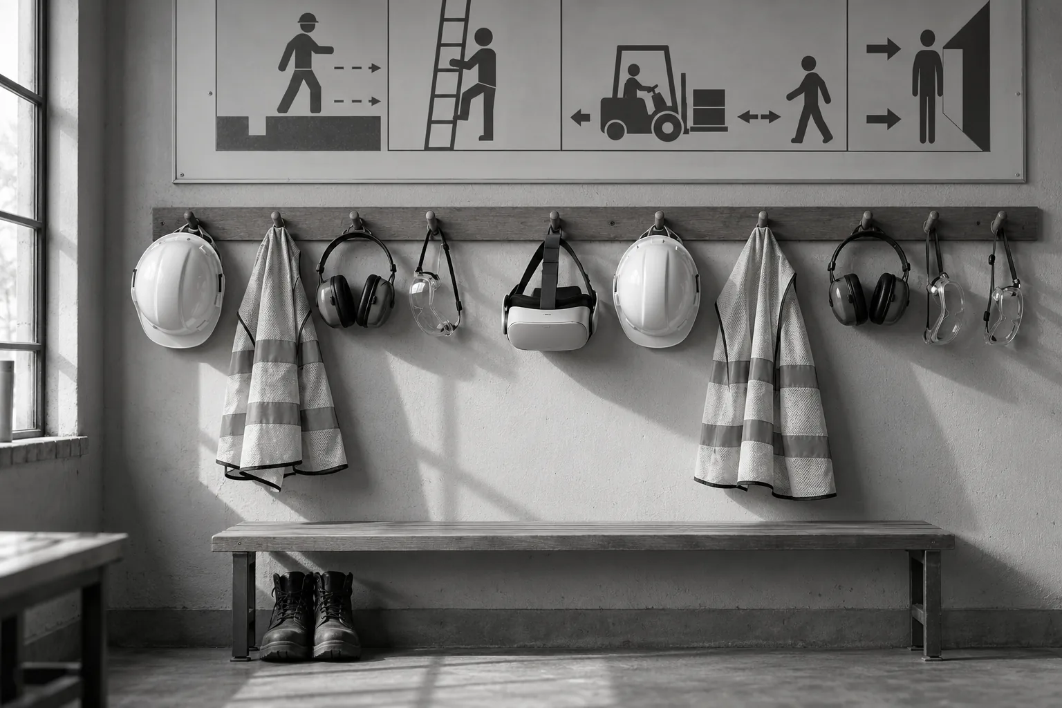 A row of safety equipment on wall pegs, a VR headset hanging among the hard hats and ear defenders