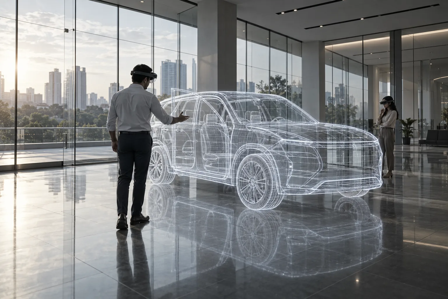 A showroom with a wireframe car and a salesperson in a headset