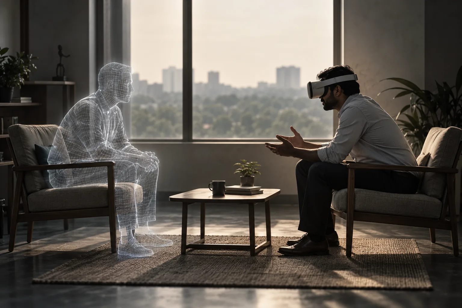 A manager in a headset facing a wireframe figure in the opposite armchair