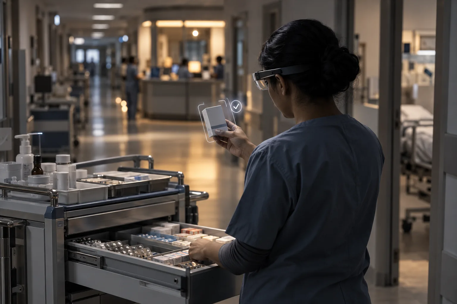 A nurse in AR glasses verifying a medicine box at a ward trolley