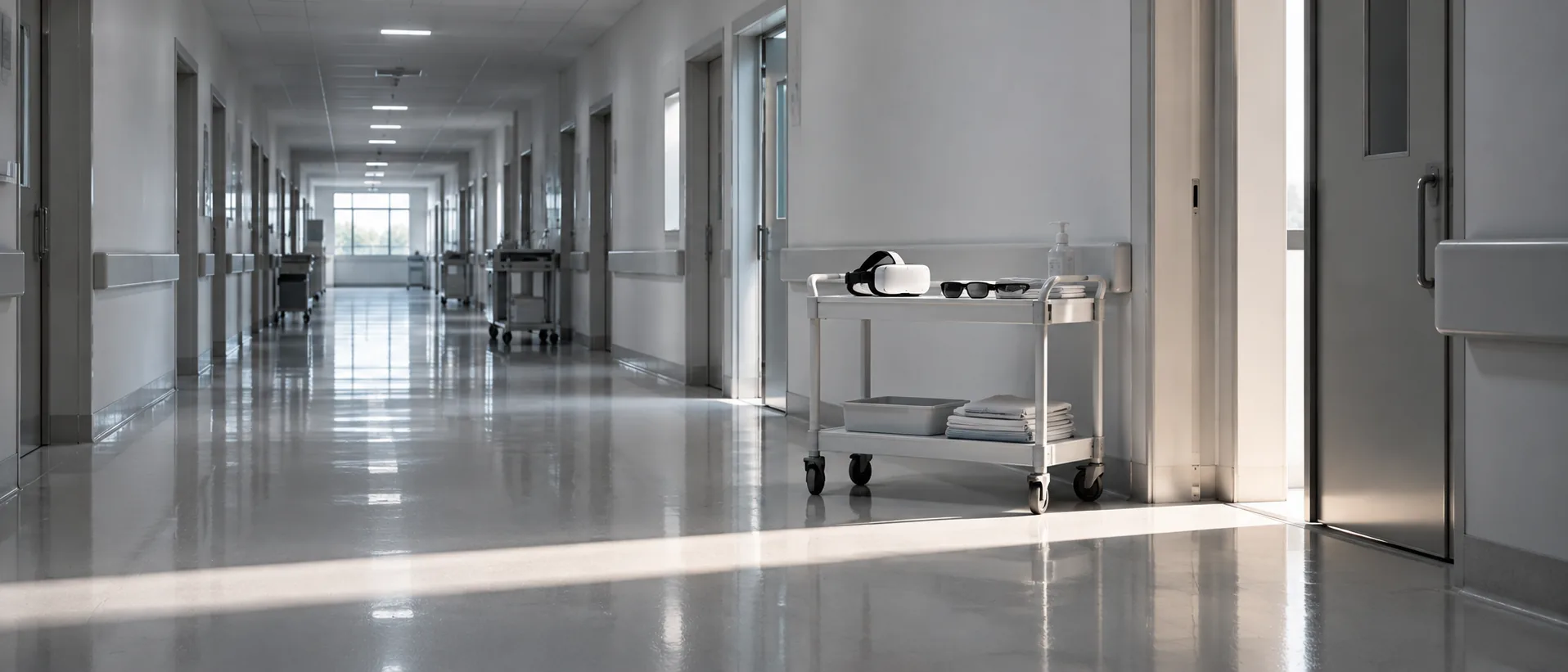 A sterile white hospital corridor with a cart holding a headset and glasses