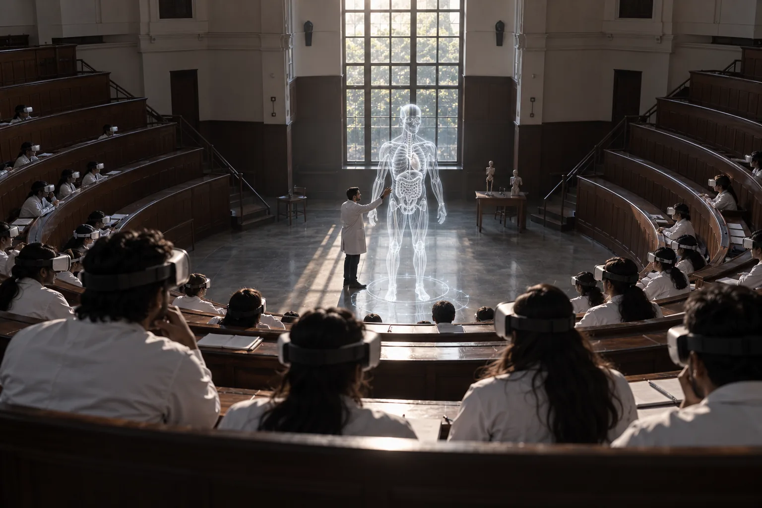 A tiered anatomy hall with a wireframe human figure and students in headsets