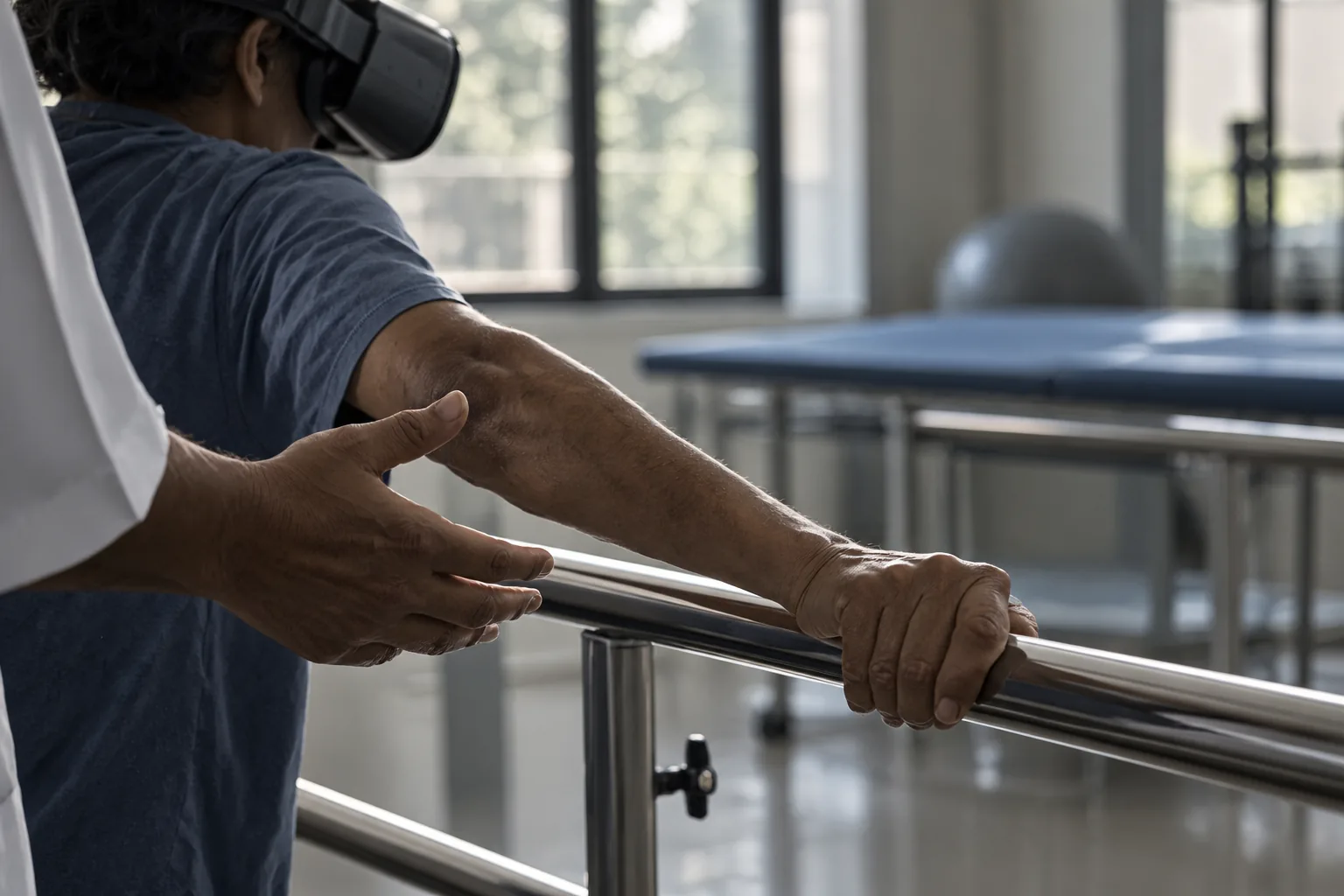 A patient's hand gripping a parallel rail, a therapist's hand ready beside them, a headset at the edge of frame