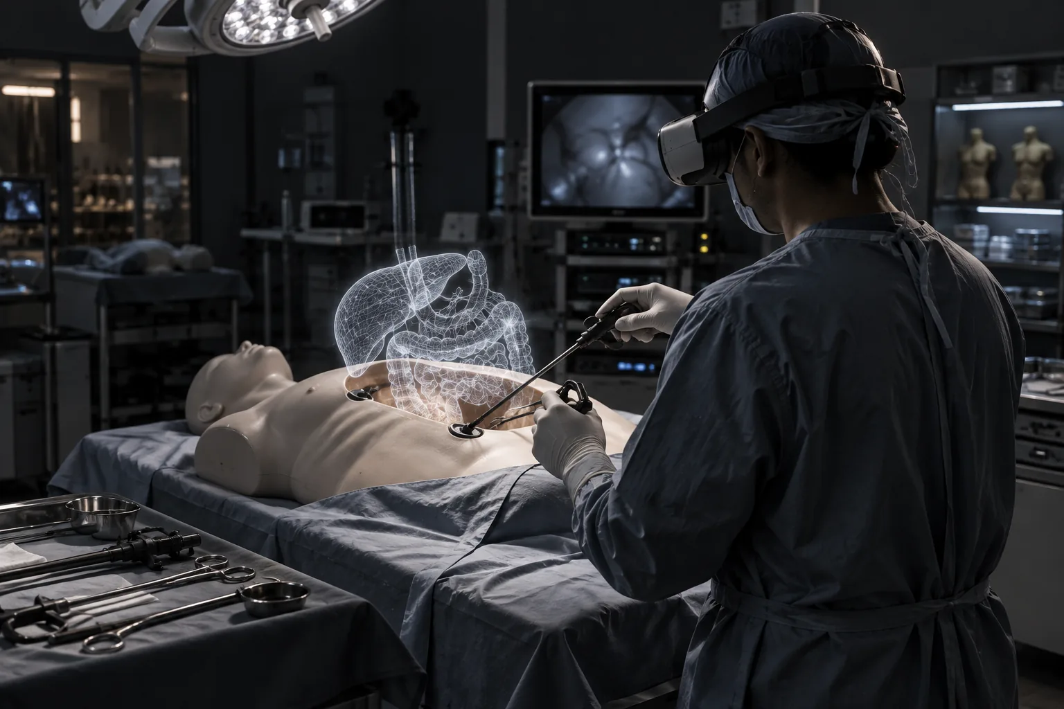 A trainee with haptic tools over a mannequin with wireframe organs in a simulation theatre