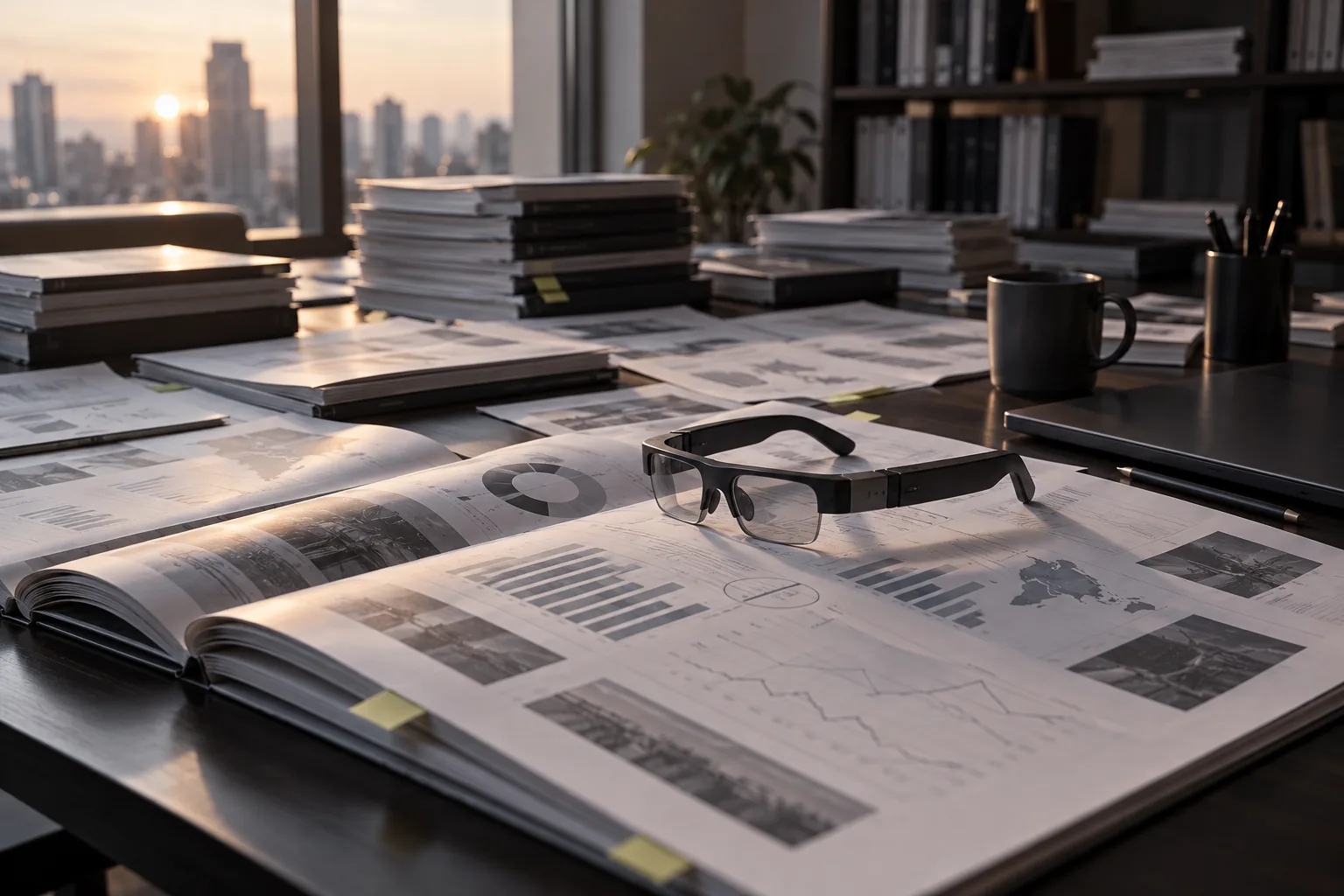 An analyst's desk with printed reports and a pair of AR glasses resting on them
