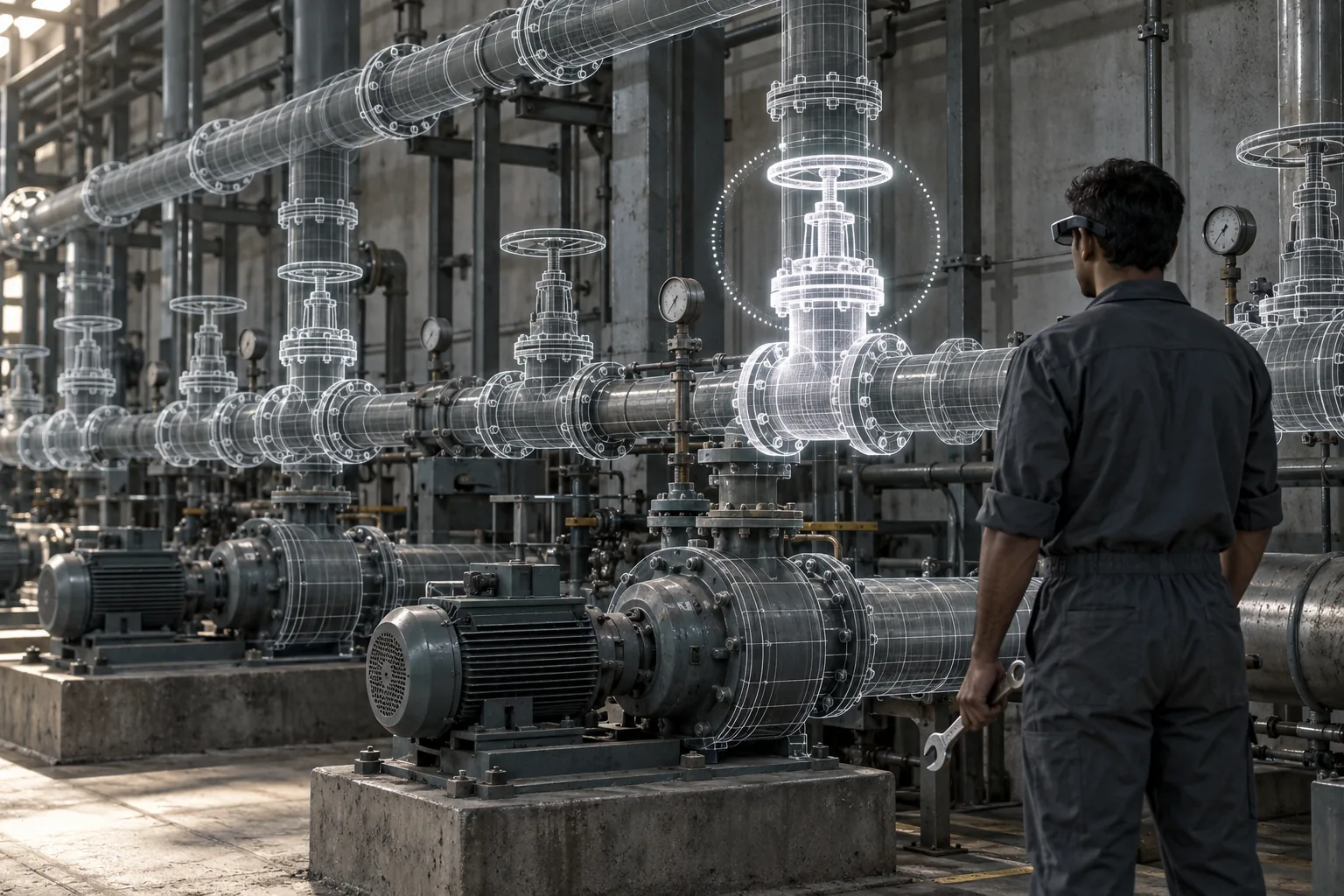 A pump station with ghosted wireframe pipes and one valve glowing