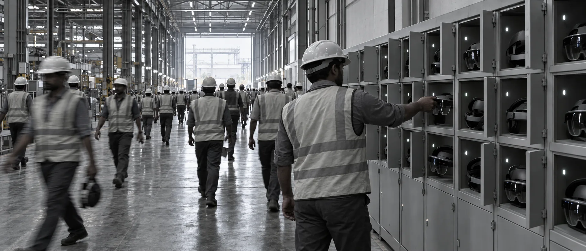 A shift-change corridor with charging lockers holding glasses and headsets