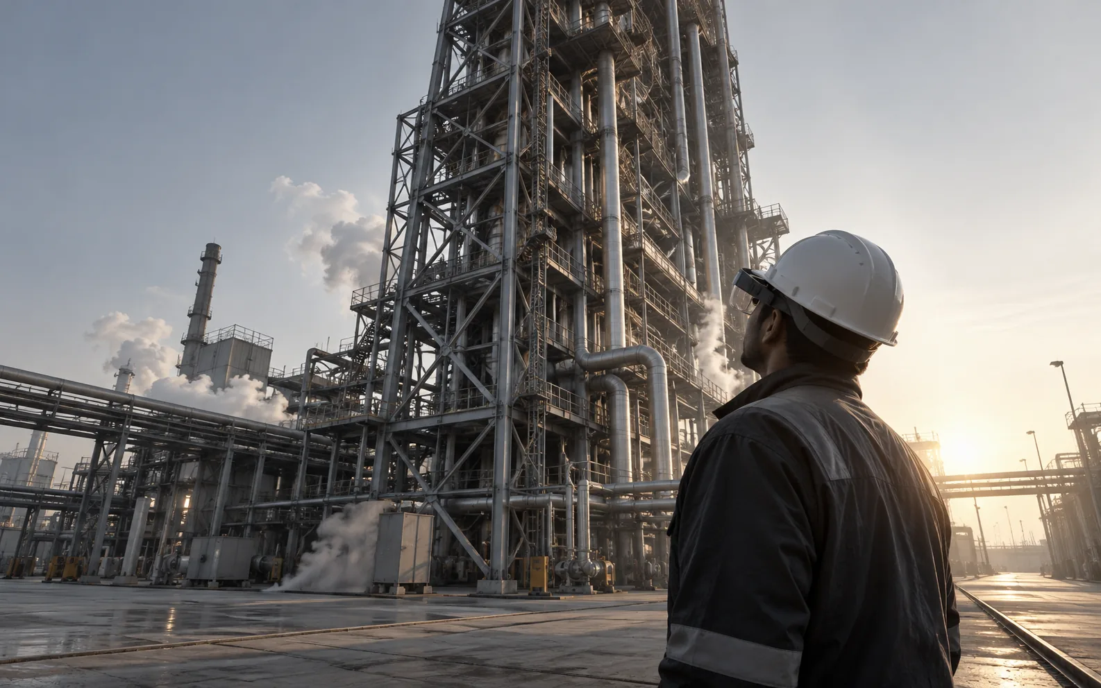 An industrial worker in AR glasses under a giant steel lattice tower with steam rising