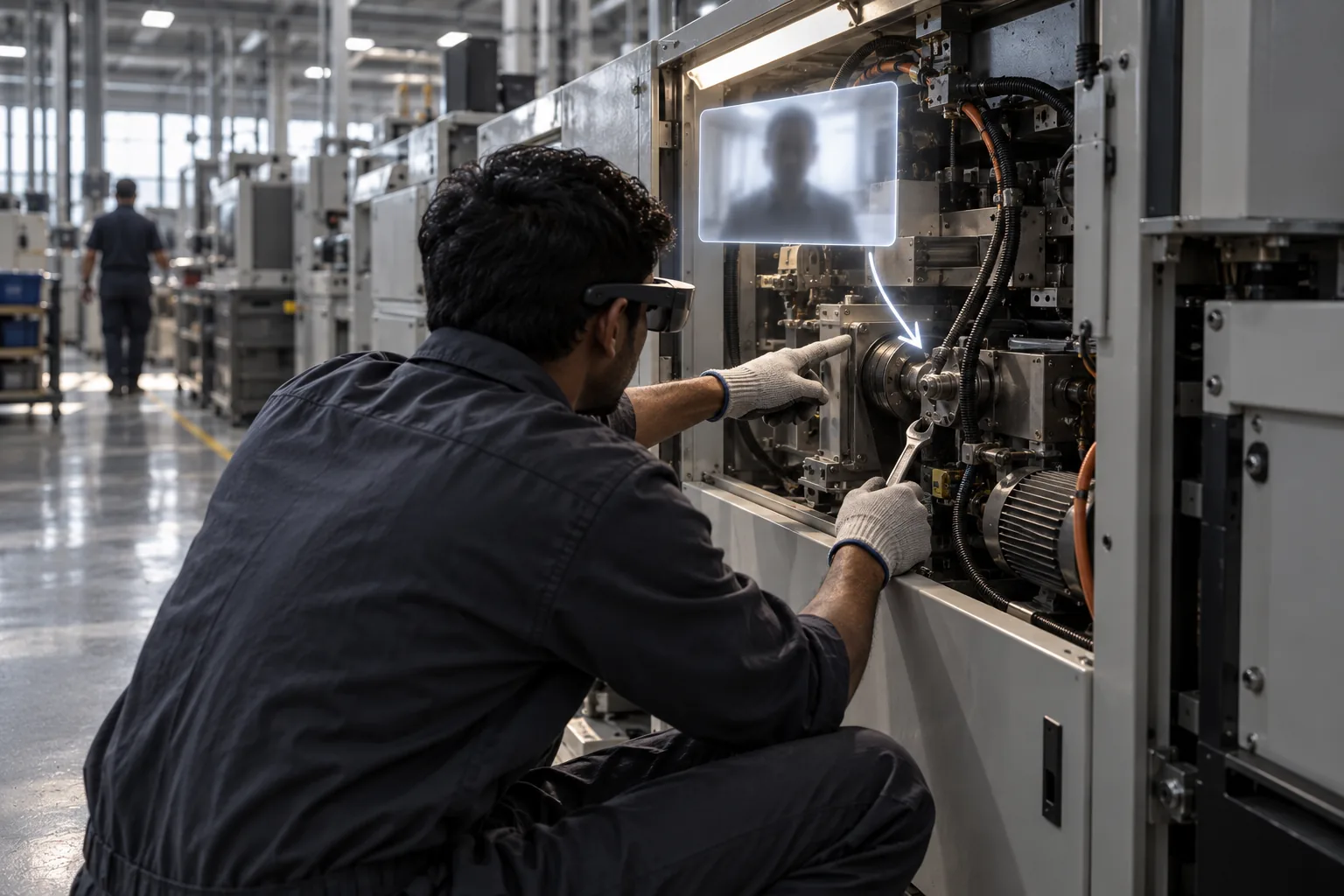 A technician at an open machine panel with a floating video window and a pointing arrow