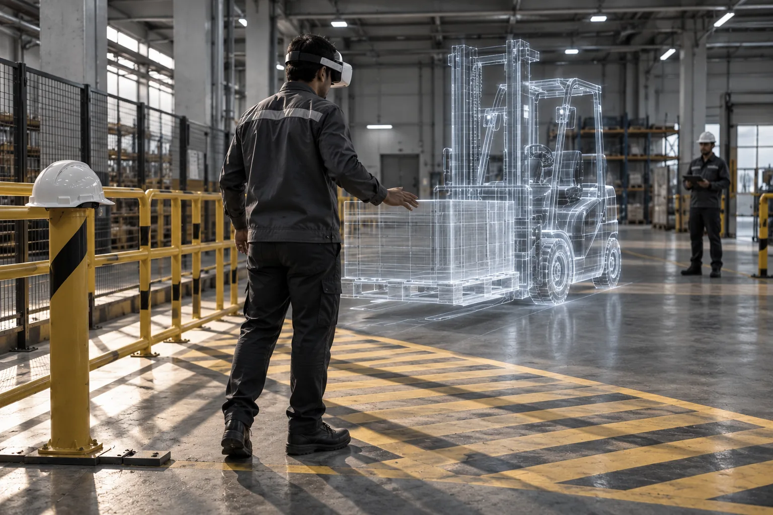 A trainee in a headset at hazard tape with a wireframe forklift crossing