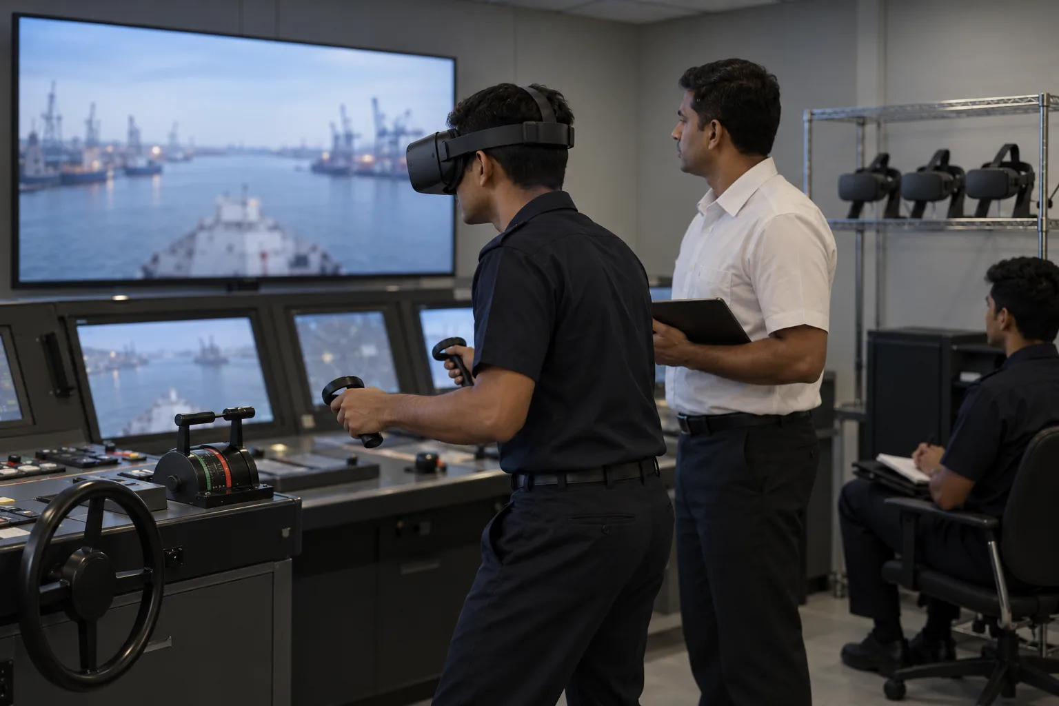 A maritime trainee in a VR headset at a ship bridge simulator console, with an instructor and a rack of headsets beside them
