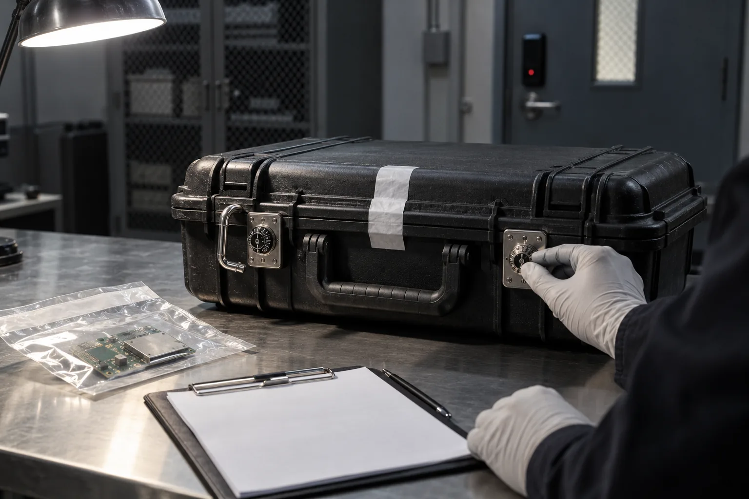 A locked courier case with tamper tape, a gloved hand on the lock and a clipboard beside it