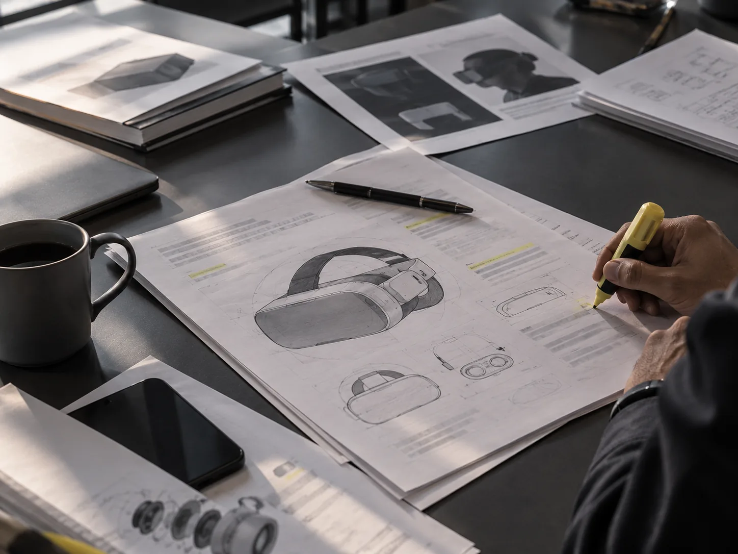 A printed product brief with a headset sketch on a desk and a highlighter in hand