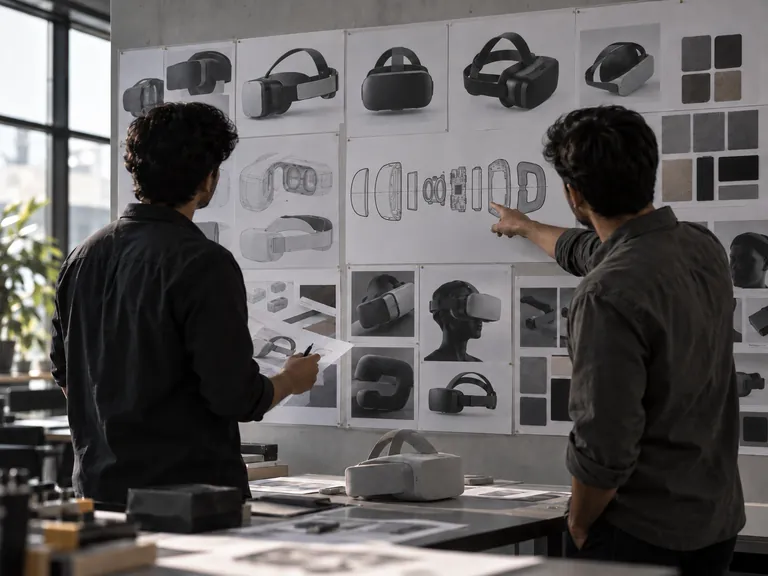 Two engineers at a design wall with an exploded-view sheet and a foam model