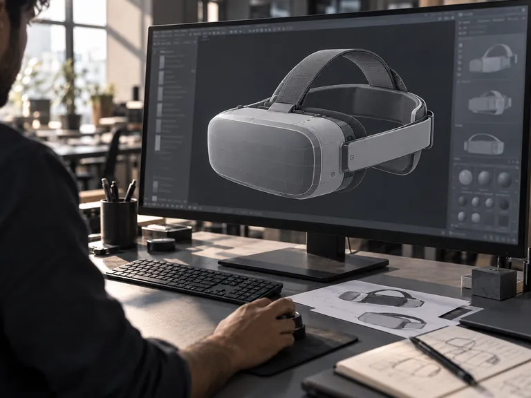 A monitor showing a grey CAD model of a headset, a hand on a 3D mouse