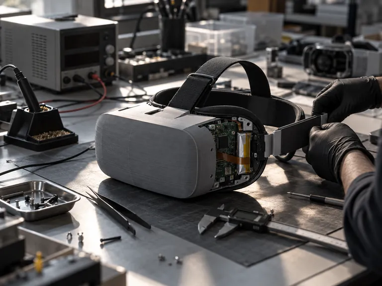 A 3D-printed headset prototype with its board exposed on a bench