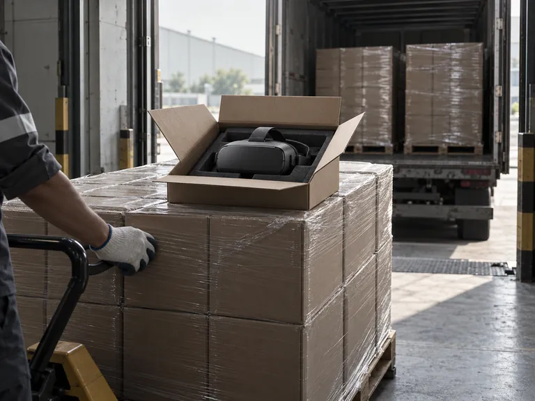 A pallet of cartons rolling out to a truck, one open carton showing a headset