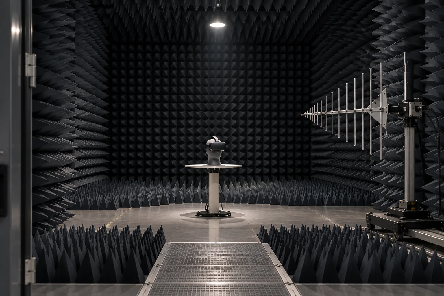 An EMC chamber lined with foam cones, a headset on a turntable and a test antenna