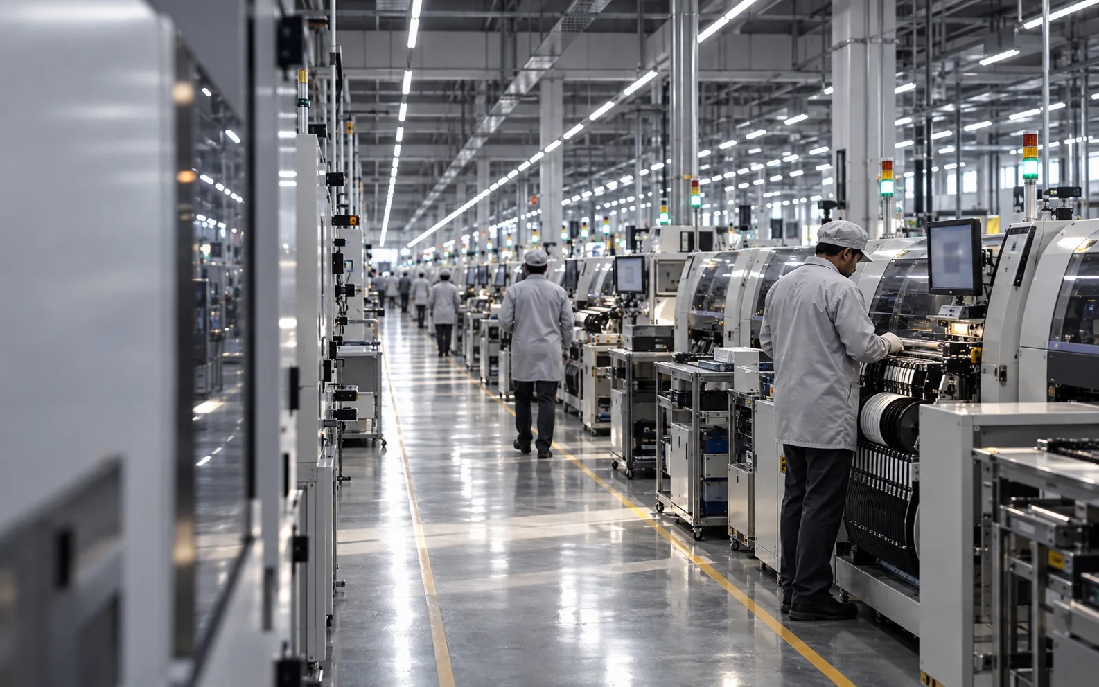 A long SMT factory floor with a central aisle and operators in grey coats beside the lines