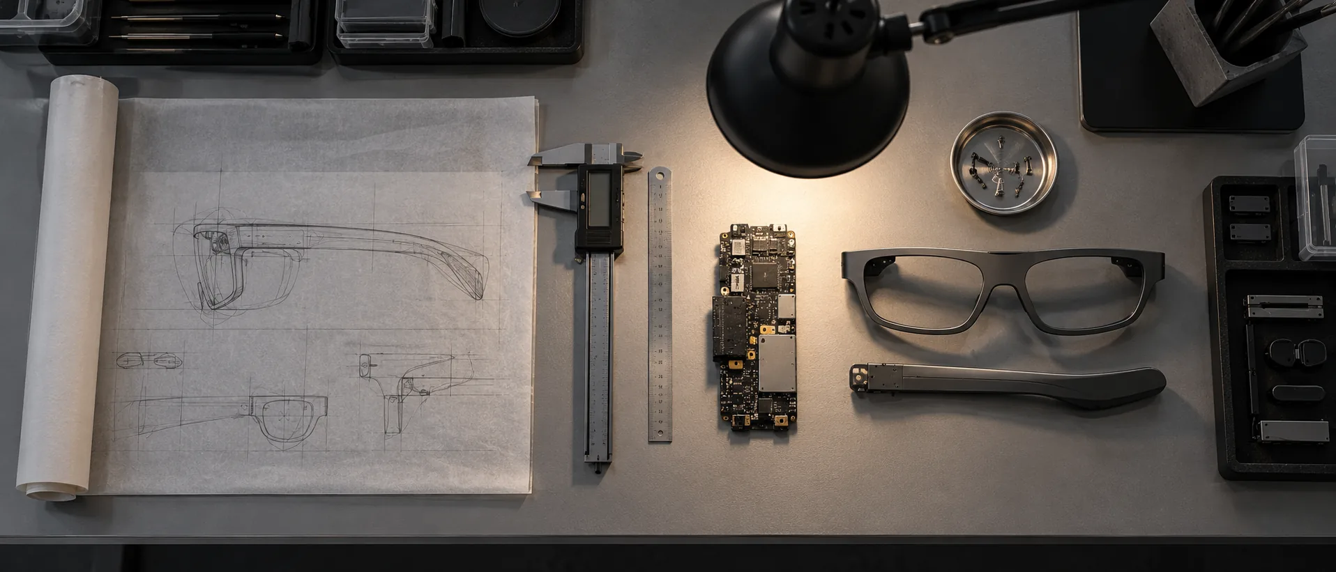 A top-down drafting table with tracing paper, a caliper, a board and a pair of glasses