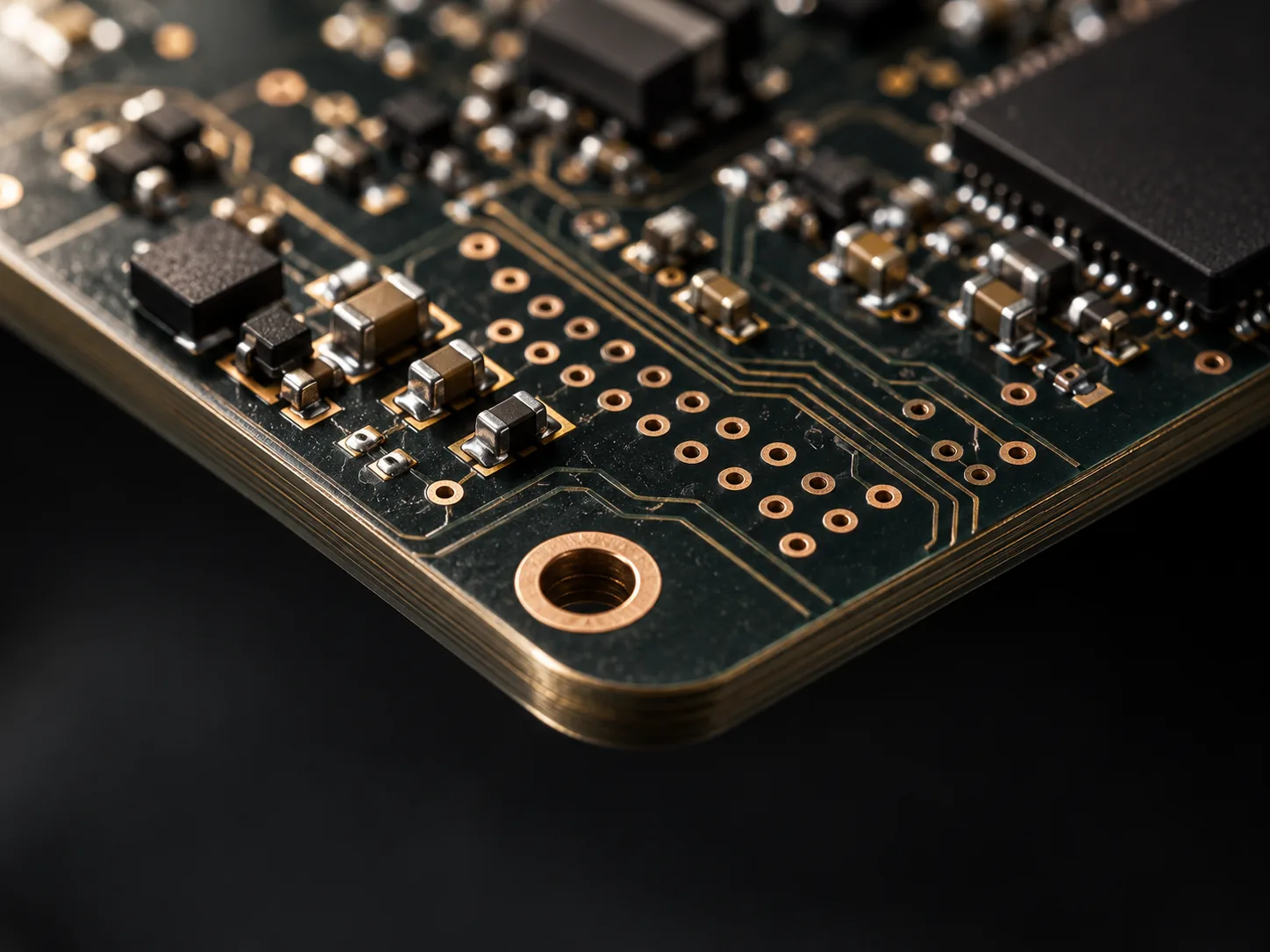 A macro of a circuit board corner with vias and gold plating on black