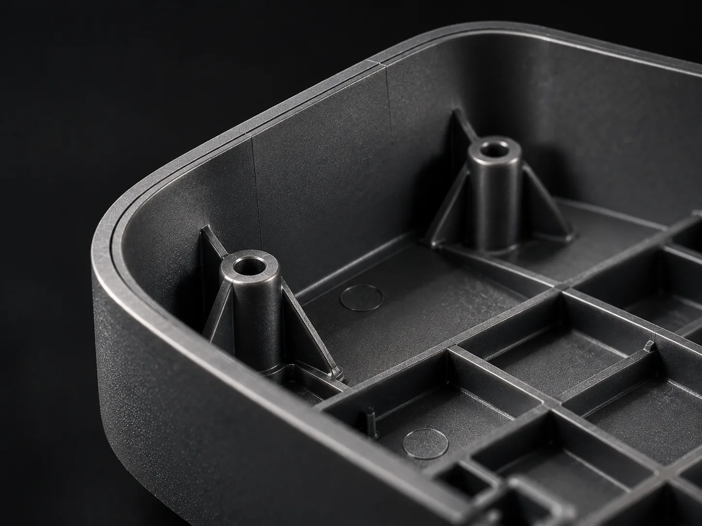 A moulded housing corner with bosses and ribs on black