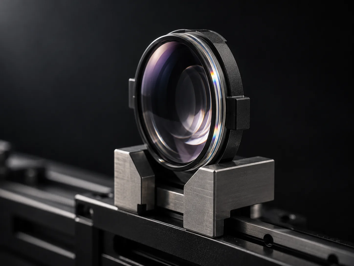 A pancake lens module held in a V-block on black