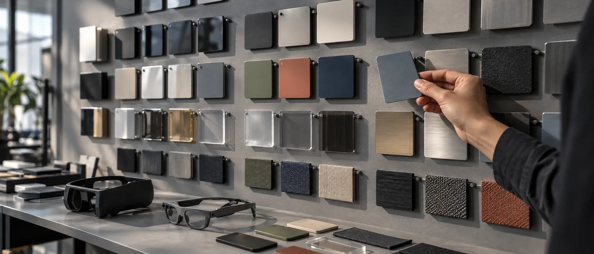 A wall of material and finish chips with a hand lifting one blue chip