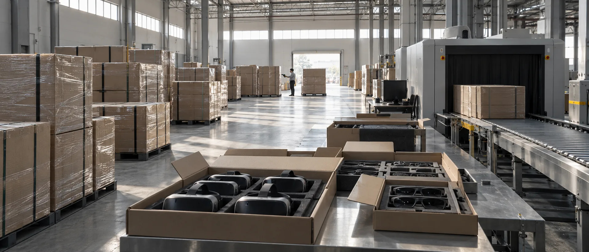 A customs inspection hall with pallets, an X-ray conveyor and open cartons of headsets