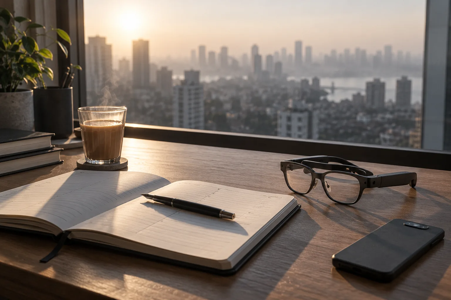 A desk in the morning with an open diary, a cup of tea and folded smart glasses