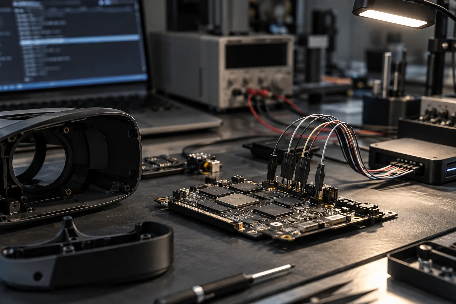 A board bring-up bench with test clips on a development board