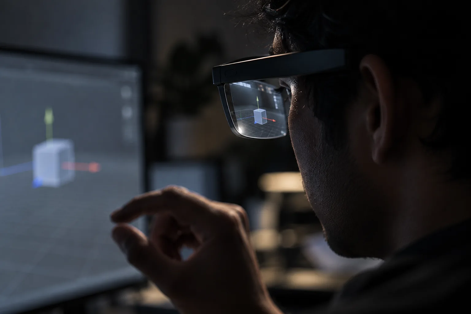 A developer's AR glasses reflecting a 3D scene grid, face in shadow