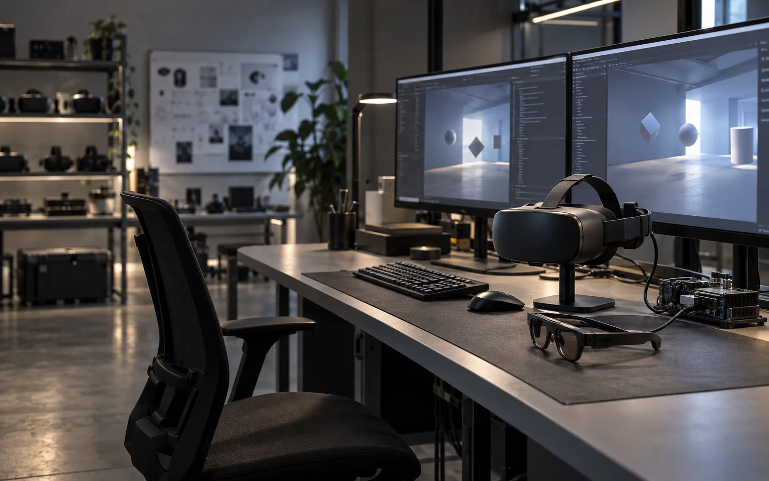 A developer workstation with two monitors, a headset on a stand and a dev board