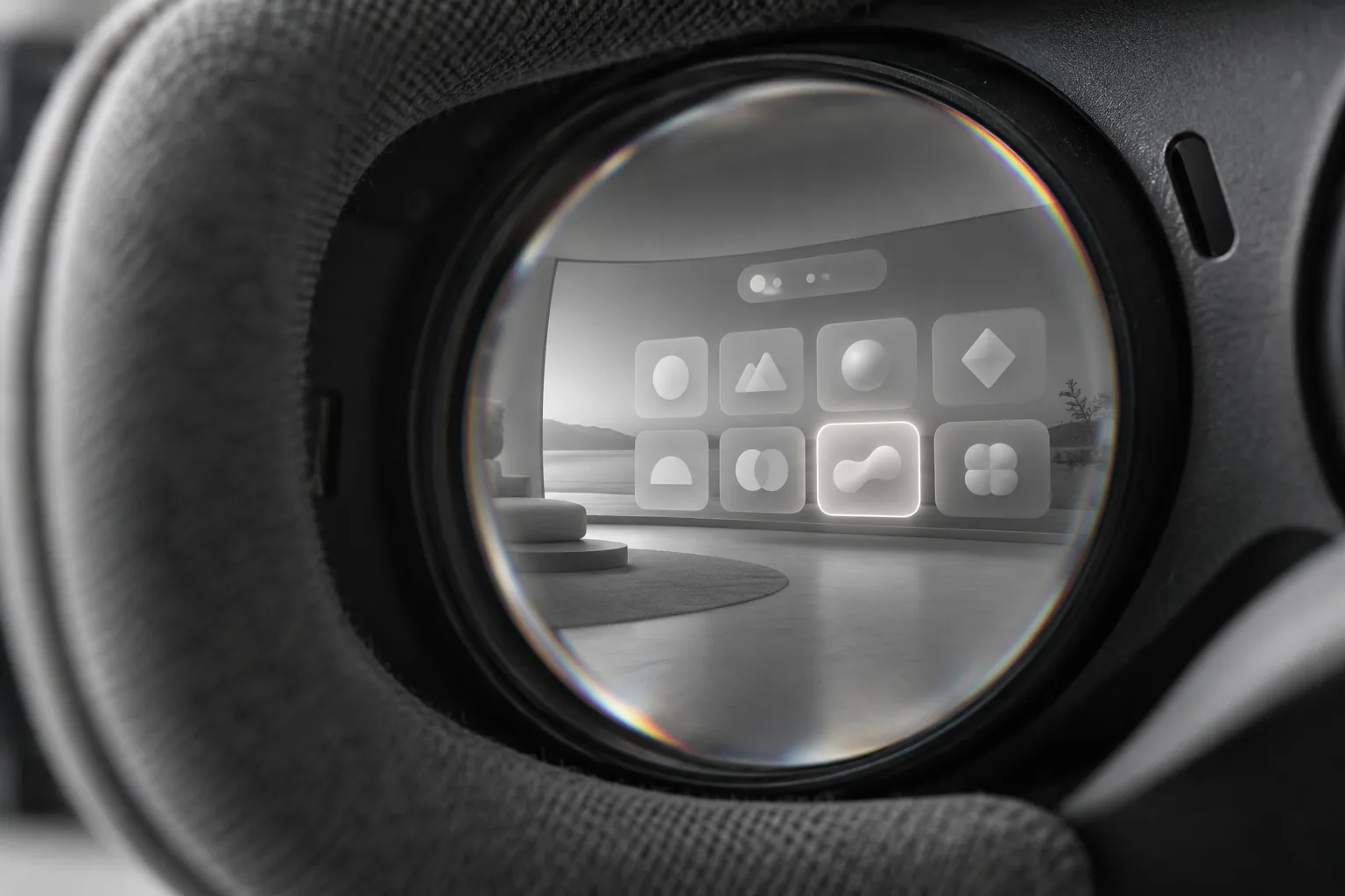 A macro through a headset lens showing a home screen of tiles