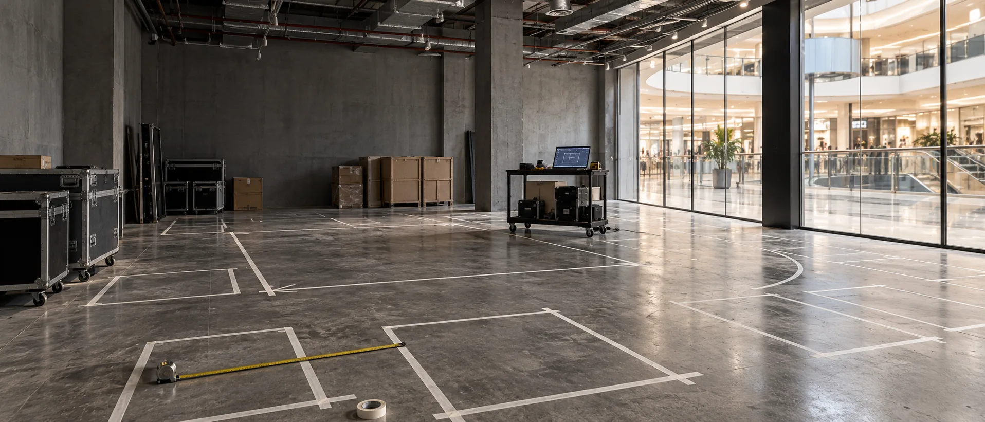 An empty mall unit with a floor plan marked out in tape, a trolley and crates ready