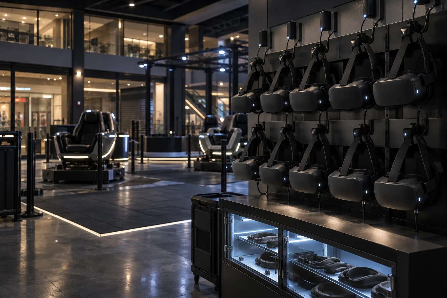 A charging rack of headsets and a UV cabinet in an arcade at night