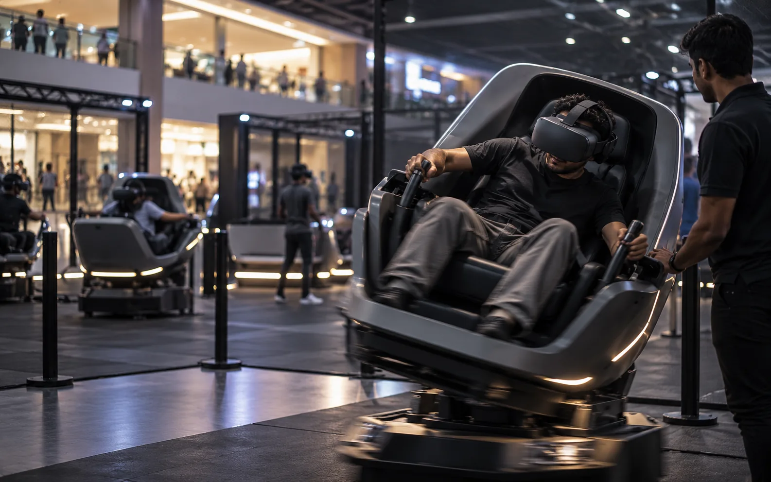 A player in a VR headset on a motion pod in a busy mall arcade