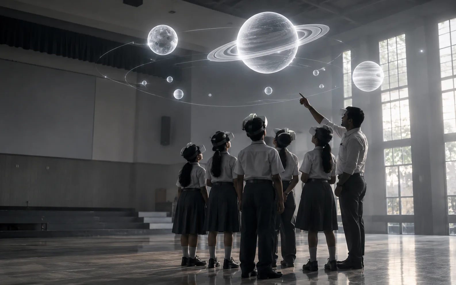 Students in headsets in a school hall with glowing planets overhead, a teacher pointing