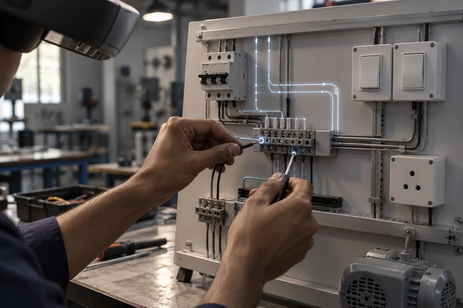 Hands wiring a training board with glowing guide lines, a headset at the top of frame