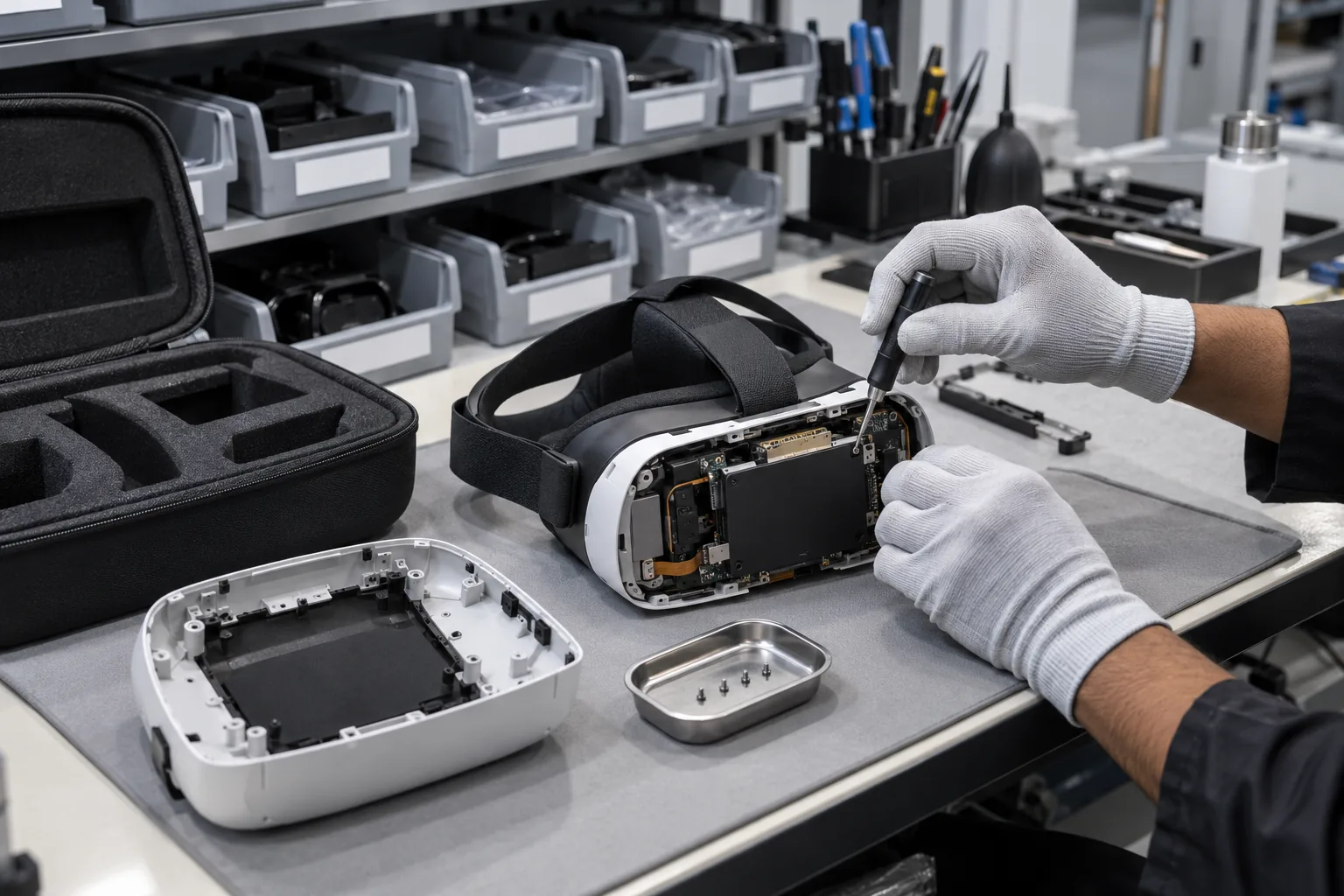 Gloved hands opening a headset on a service pad with grey bins behind